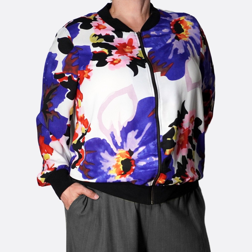 Mix Nouveau Maximalist Floral Print XL 1X 14 16 Blue Red Pink Bomber Jacket